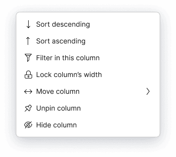 Column options menu
