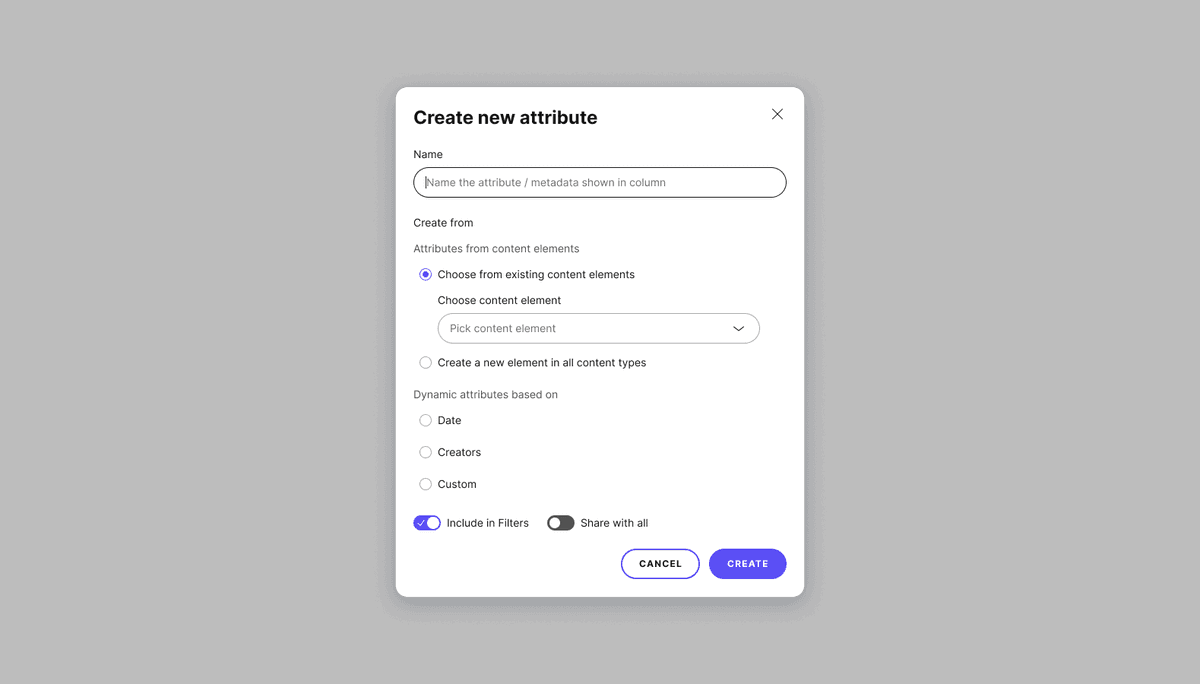 Create new attribute dialog
