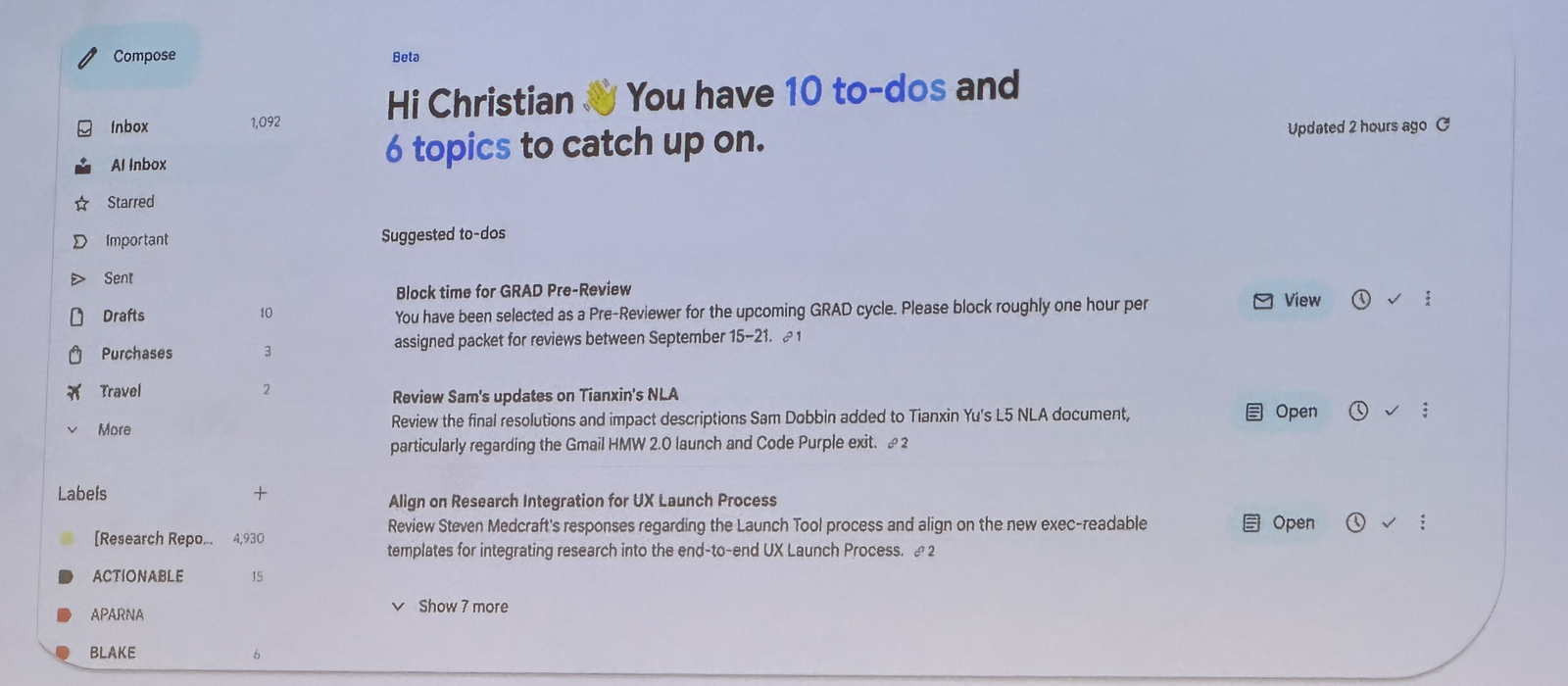 Gmail AI Inbox screenshot with suggested to-dos