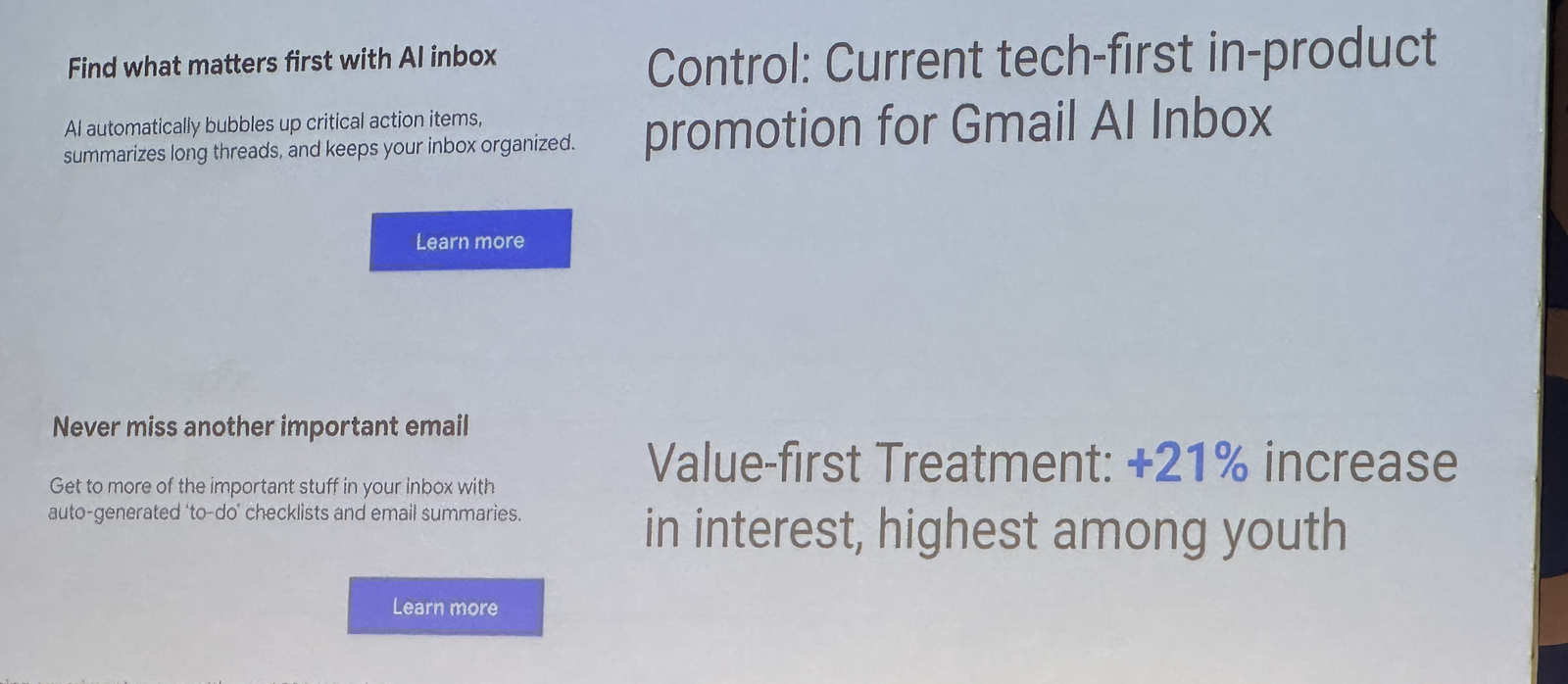 Control vs value-first framing for Gmail AI Inbox