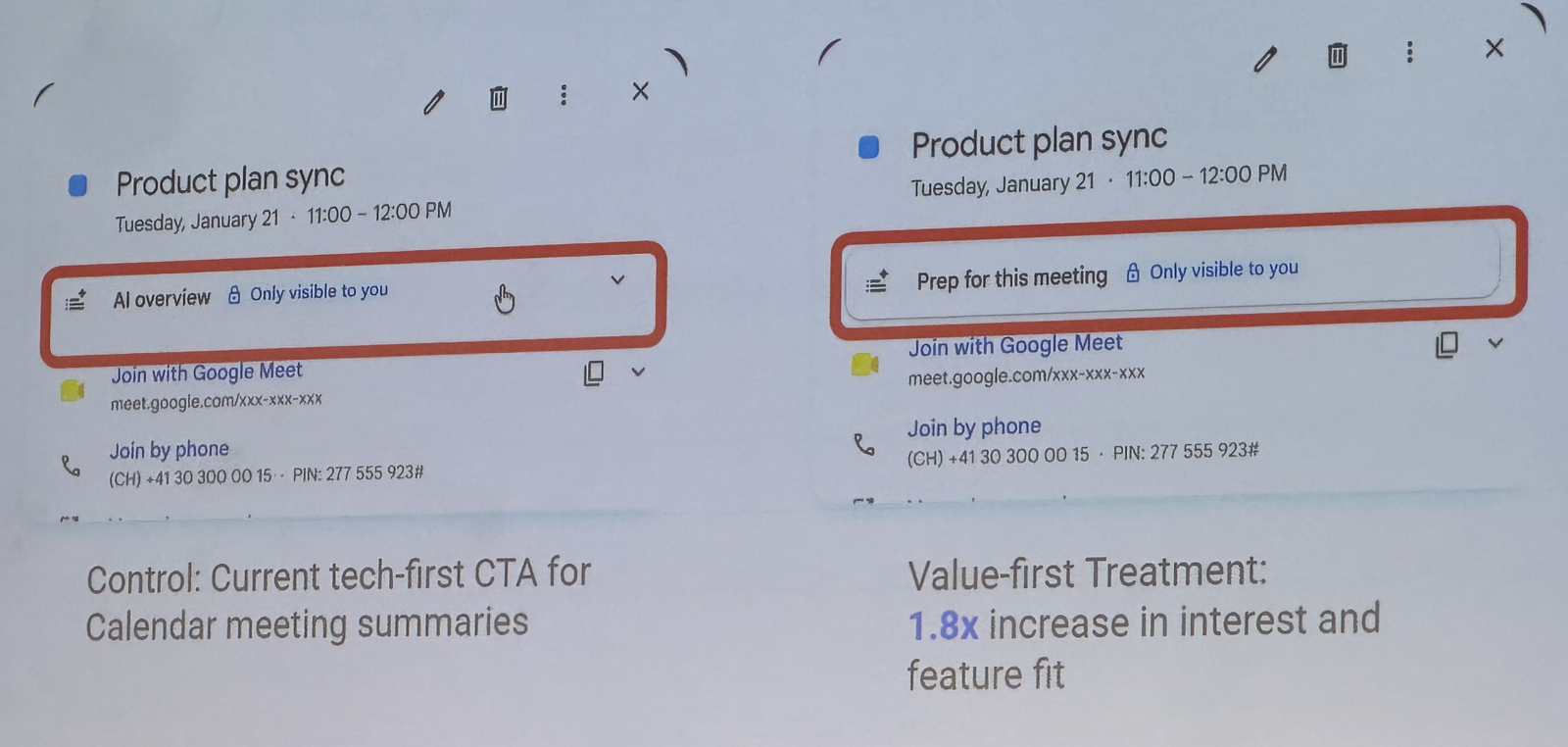 Control vs value-first call to action for Calendar meeting summaries